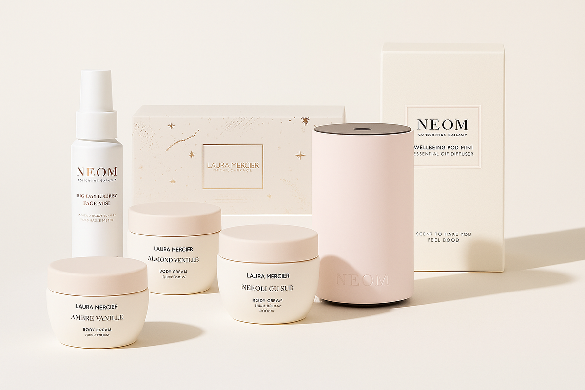 Collection of skincare products with 'NEOM' and 'Laura Mercier' branding on a light background.