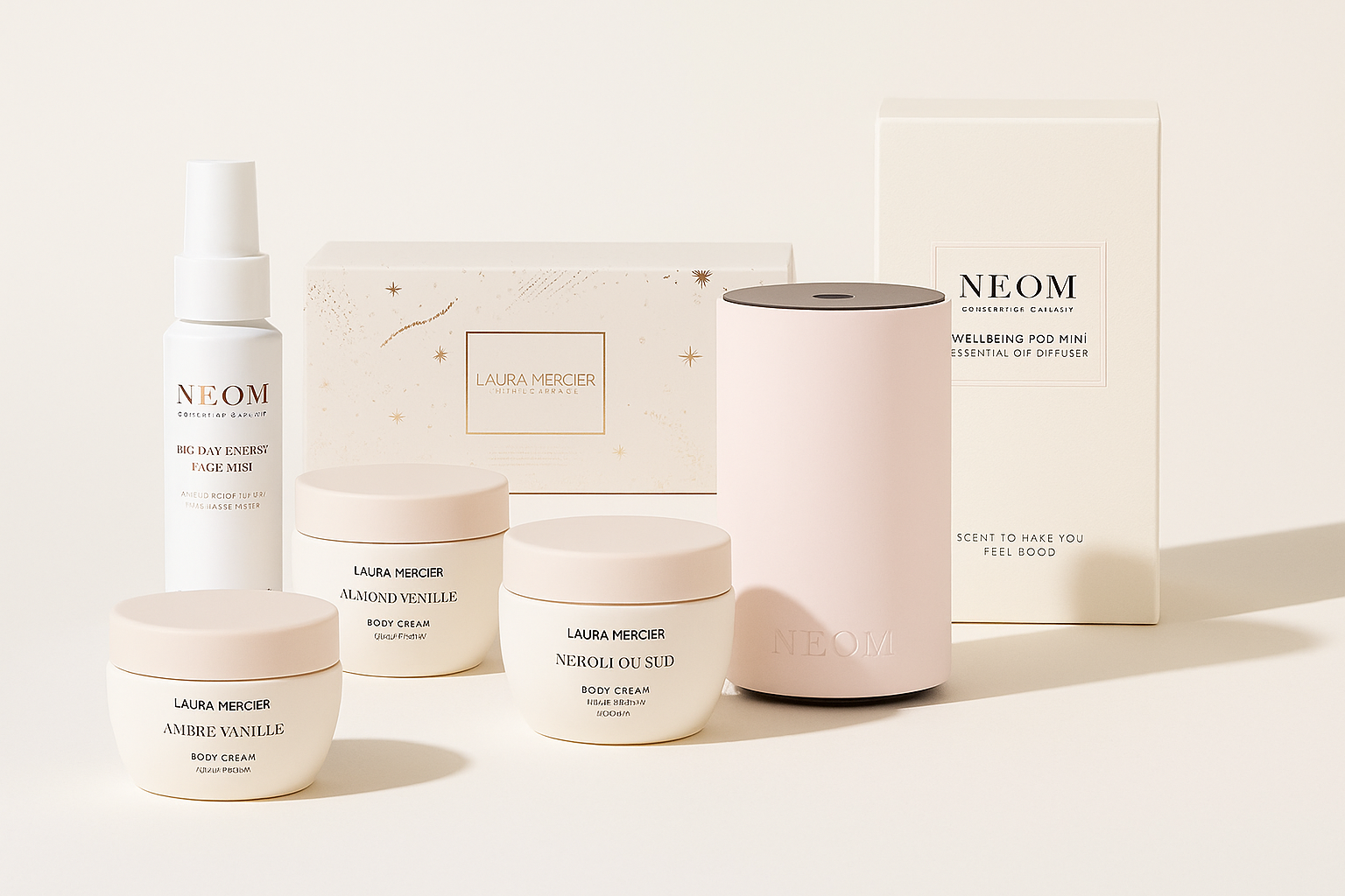 Collection of skincare products with 'NEOM' and 'Laura Mercier' branding on a light background.